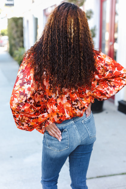 Fall Vibes Rust Floral Print Notched Neck Smocked Satin Top