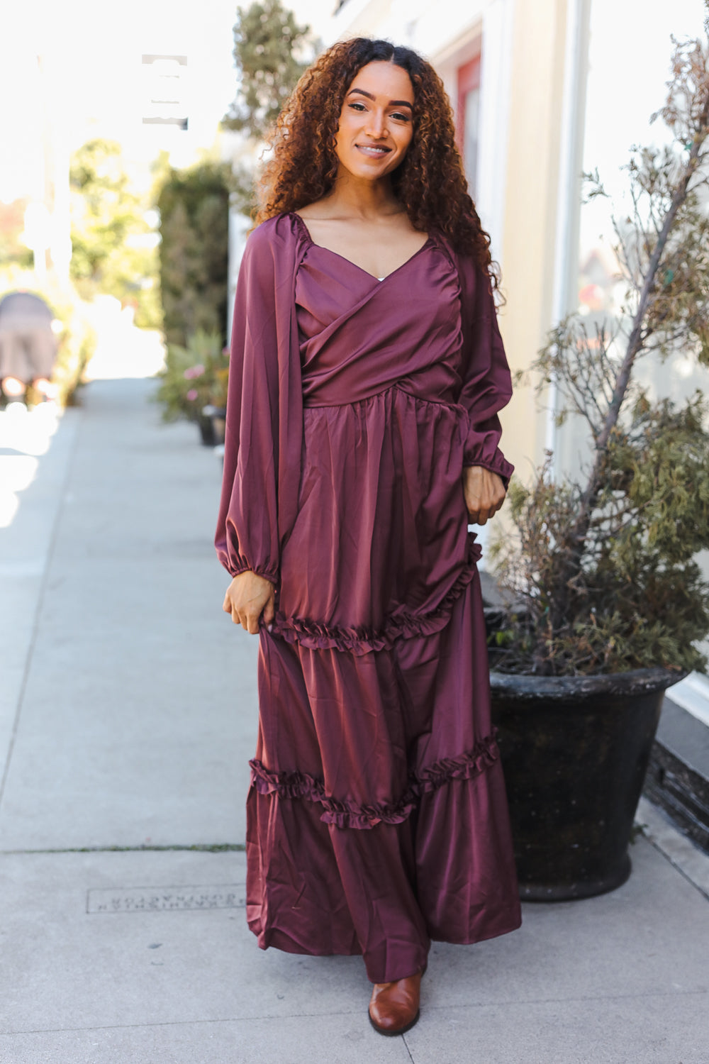 Holiday Vibes Wine Satin Front Overlap Smocked Back Maxi Dress