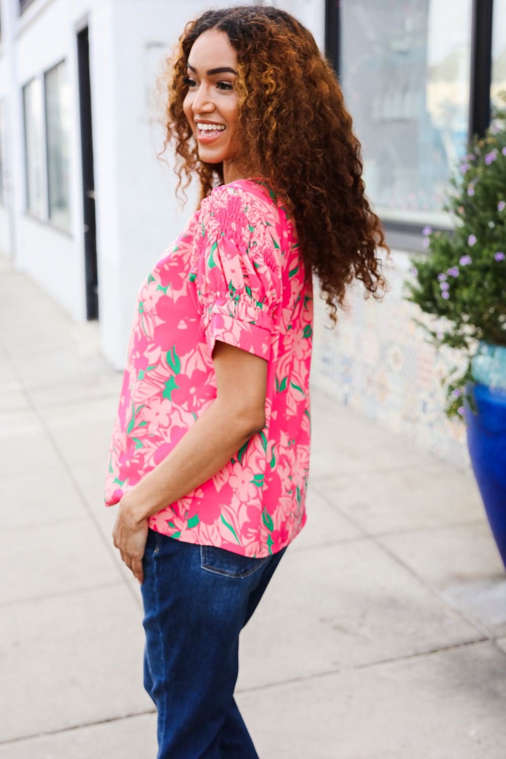 Vacay Vibes Floral Back Keyhole Short Smocked Banded Sleeve Top