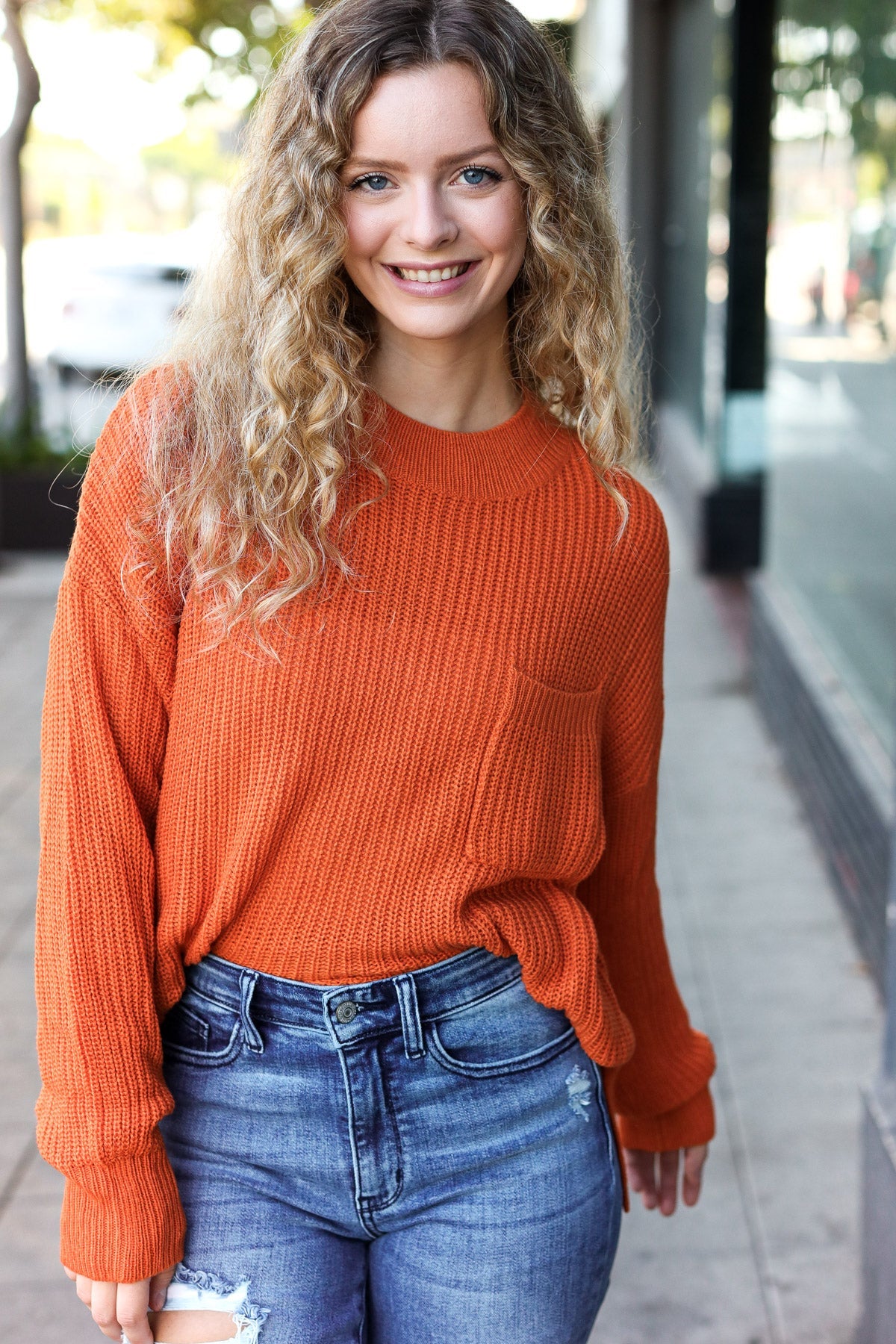 Pumpkin Spice Mock Neck Chest Pocket Knit Sweater