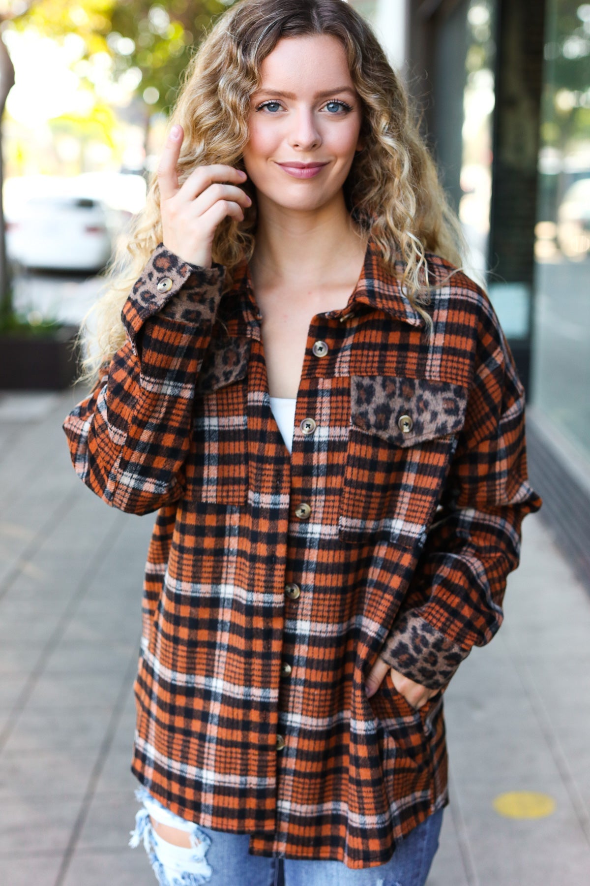 Put Together Rust Plaid & Animal Print Button Down Jacket