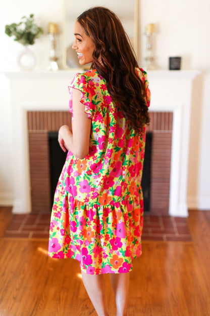 Be Charming Lime & Pink Floral Print Tiered Ruffle Sleeve Dress