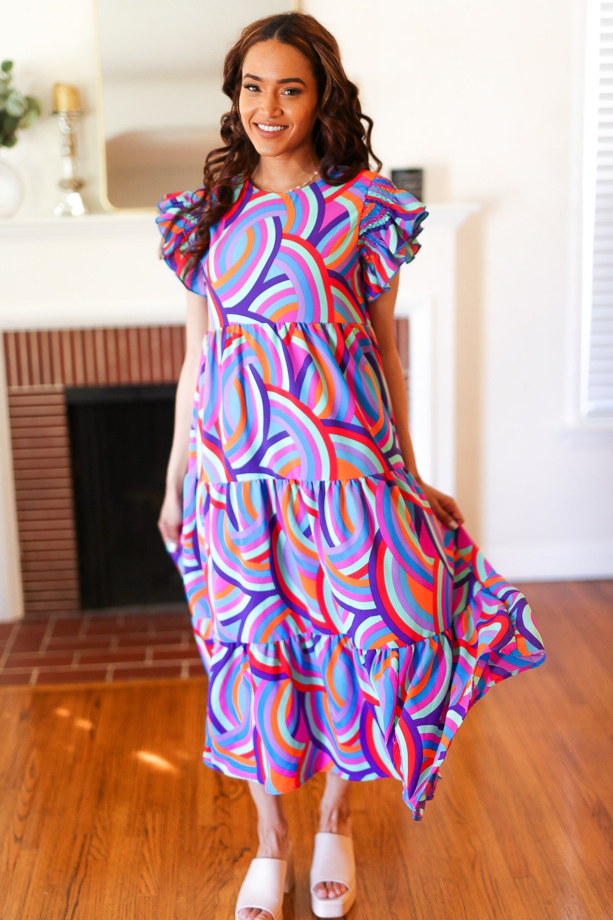 Feel Your Best Purple Abstract Print Smocked Ruffle Sleeve Maxi Dress