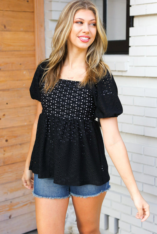 Spring Vibes Midnight Eyelet Puff Sleeve Babydoll Top