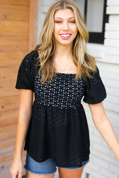 Spring Vibes Midnight Eyelet Puff Sleeve Babydoll Top