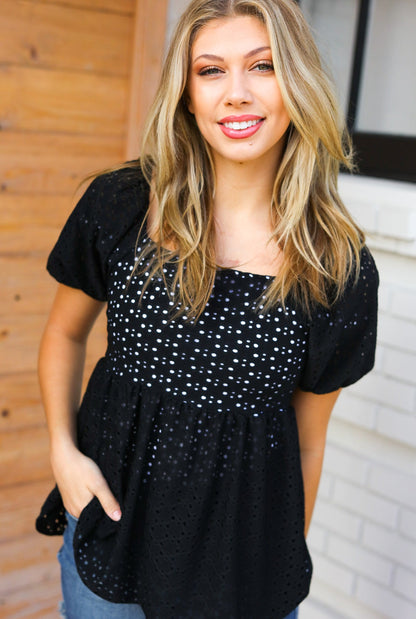 Spring Vibes Midnight Eyelet Puff Sleeve Babydoll Top