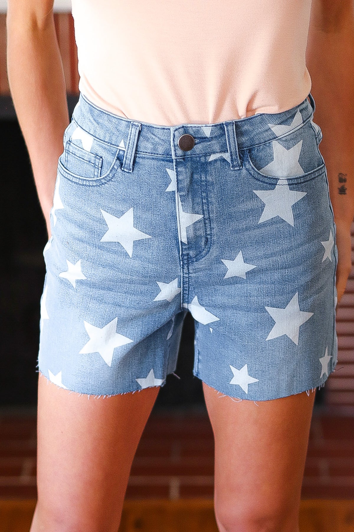 Light Wash Star Print High Rise Denim Shorts