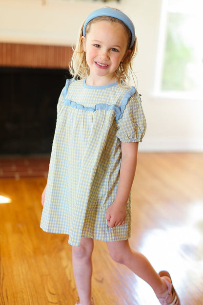 Kids Charming Blue Gingham Elastic Tie Sleeve Dress