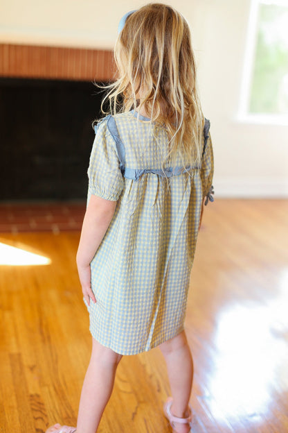 Kids Charming Blue Gingham Elastic Tie Sleeve Dress