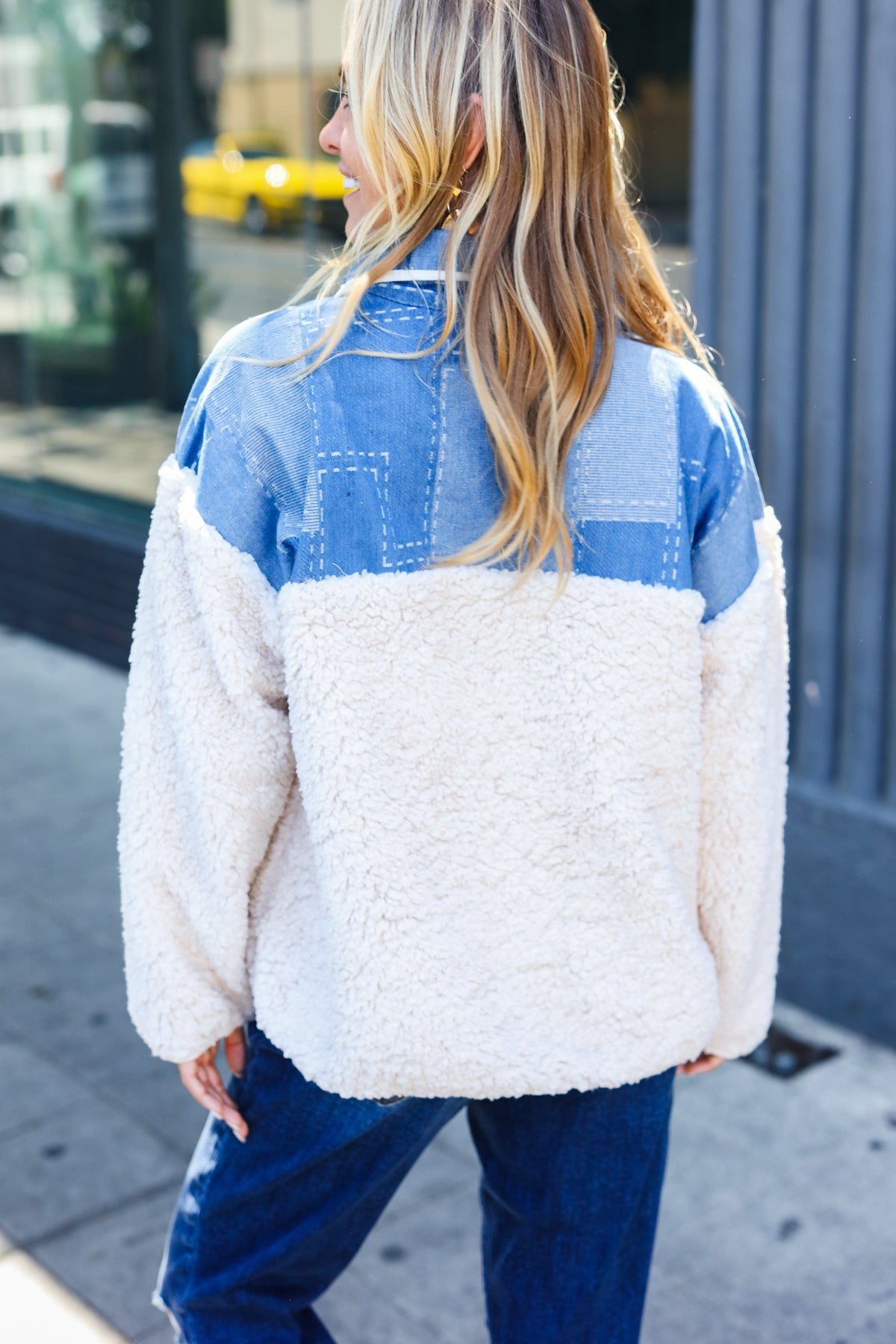 Good Vibes Denim & Ivory Patchwork Sherpa Half Zip Pullover