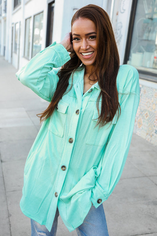 Put Together Mint Cut-Edge Button-Down Long Shirt Top