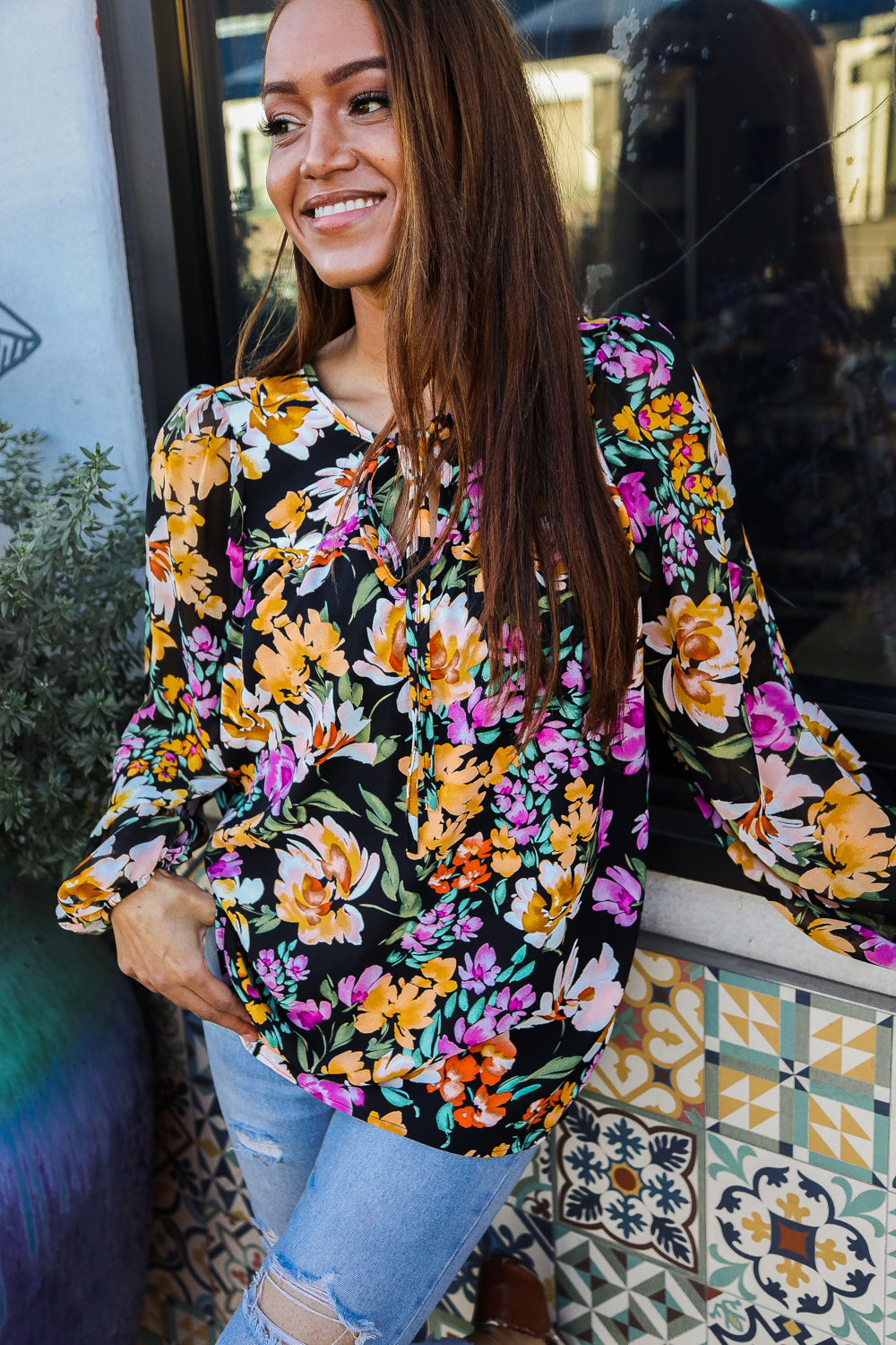 Boho Vibes Notch Tie Neck Floral Print Long Sleeve Blouse