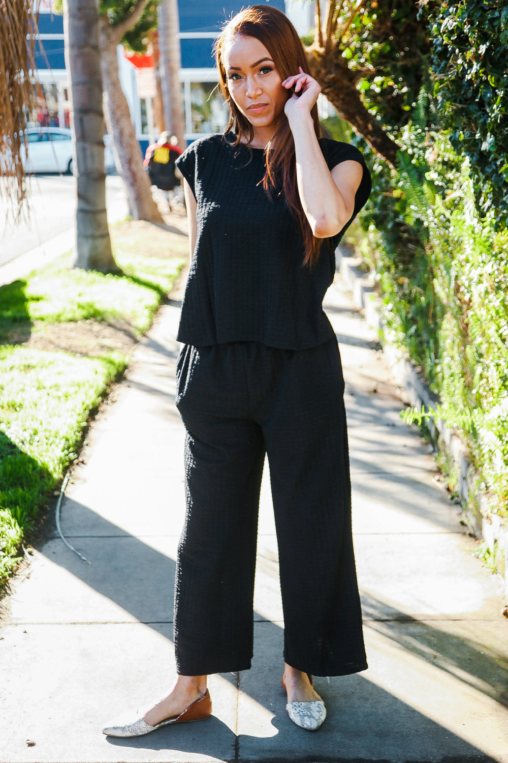 Stand Out Black Textured Shirt Attached Crossover Back Pant Suit