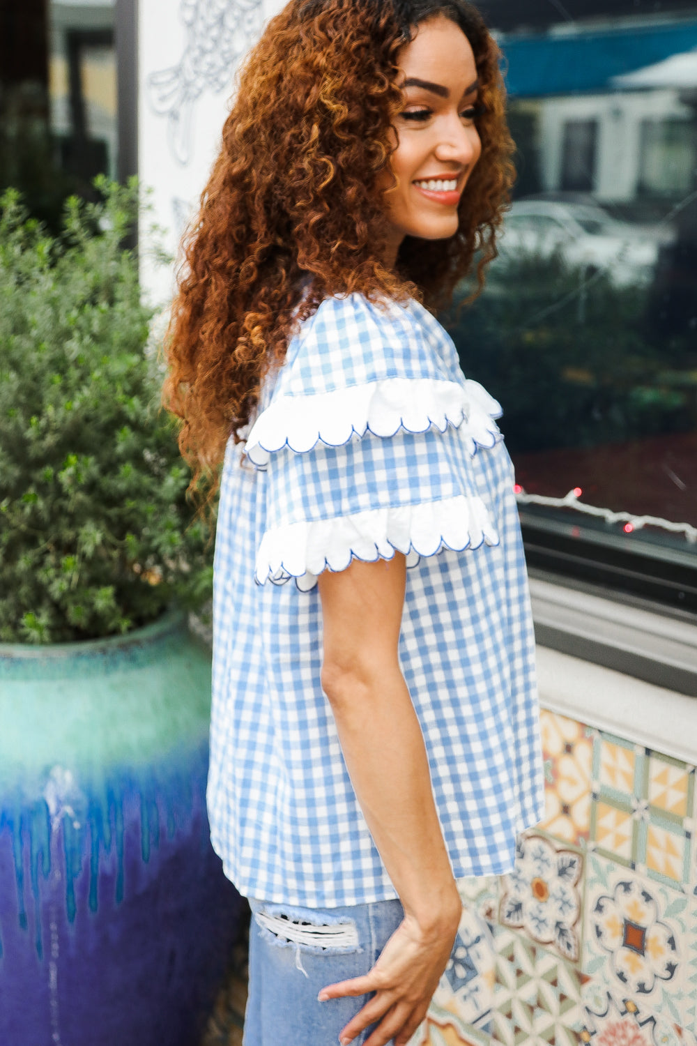 Lost In Love Cotton Blue Gingham Shirred Mock Neck Top