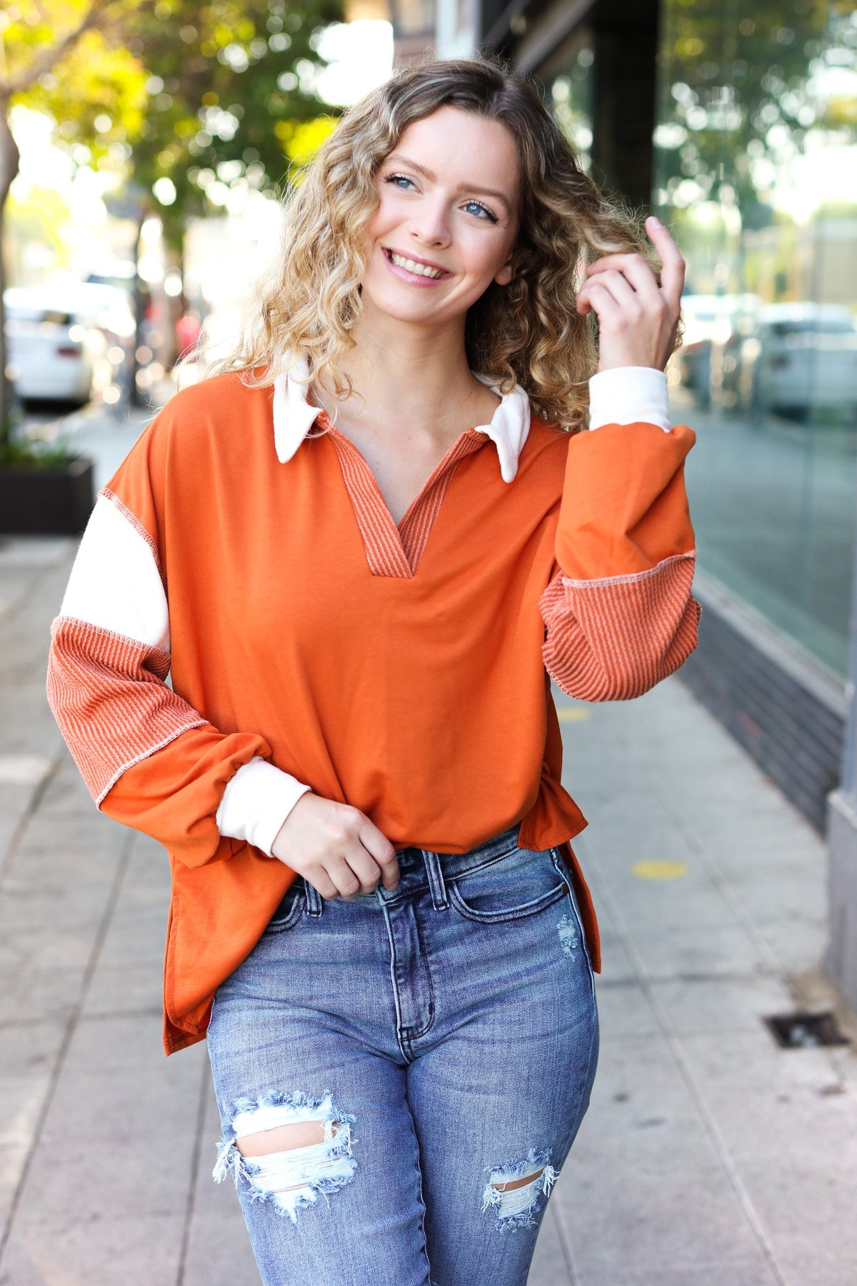 Falling For You Rust Color Block Collared French Terry Top