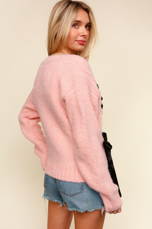 Find Love Pink Bow Detail Button Down Chunky Sweater Cardigan