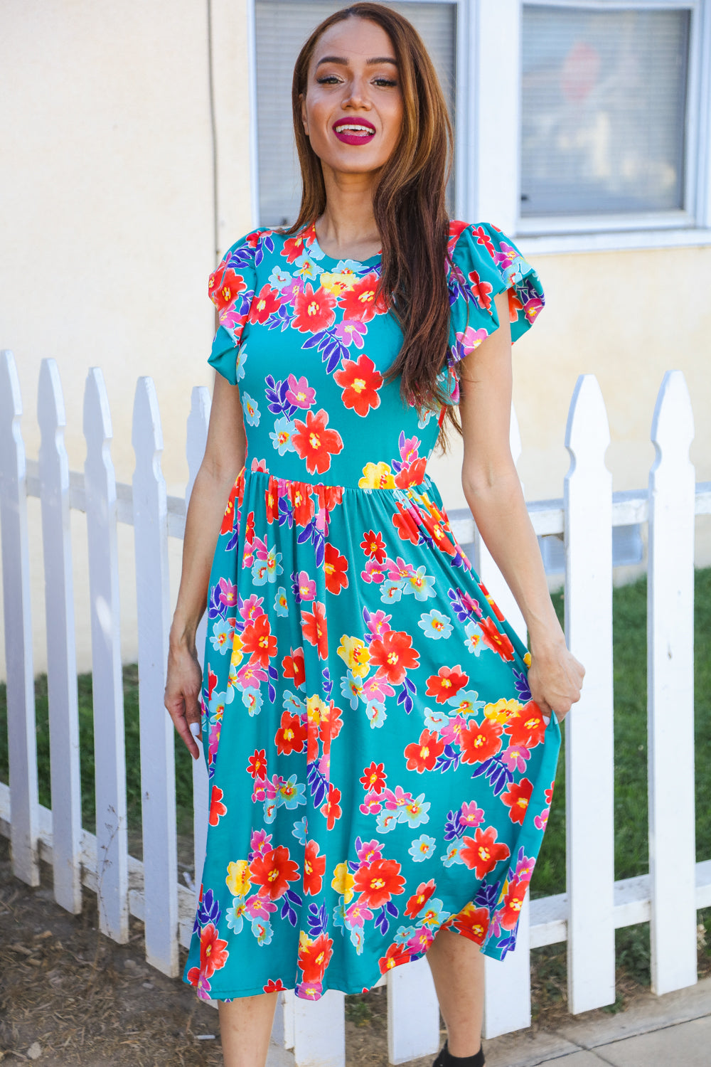 In Your Dreams Emerald Floral Print Folded Flutter Sleeve Midi Dress