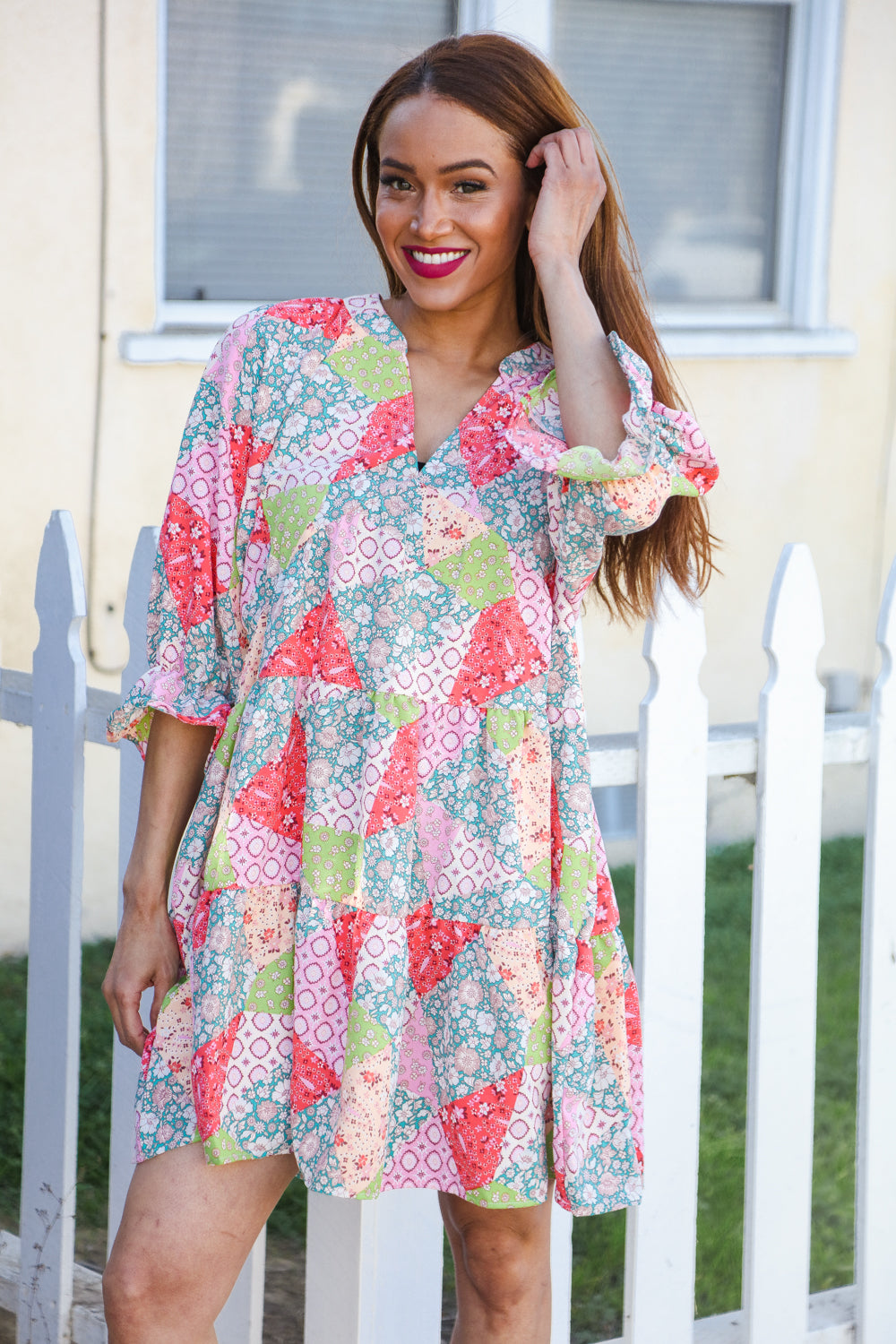 Look Of Love Lime & Coral Patchwork Print V Neck Dress