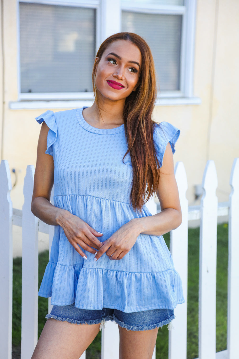 Blue Pointelle Babydoll Ruffle Flutter Sleeve Top (Copy)