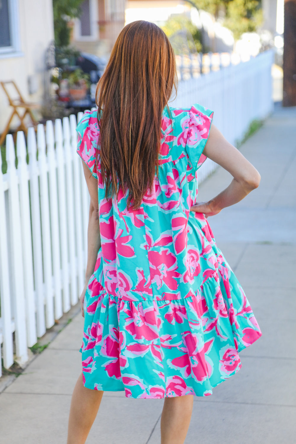 Diva Dreaming Aqua Floral Print Tiered Ruffle Sleeve Dress