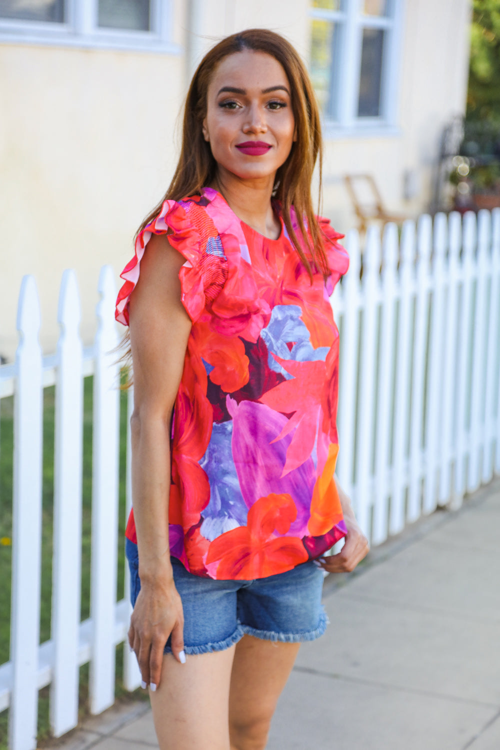 Look of Love Red & Fuchsia Floral Smocked Ruffle Frill Sleeve Top