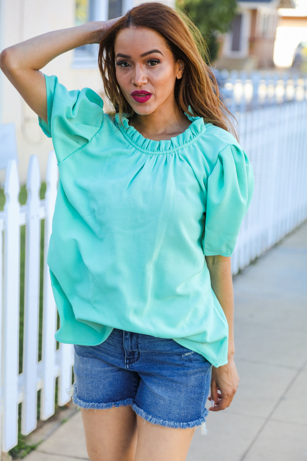 Follow Me Mint Frill Mock Neck Woven Top