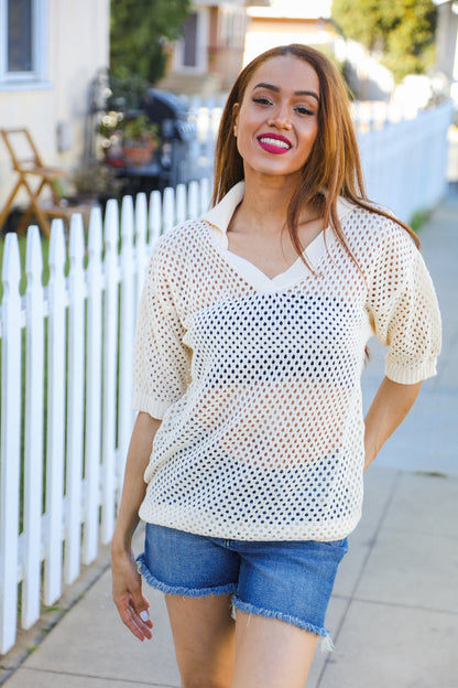 Can't Look Away Oatmeal Crochet V Neck Collared Top