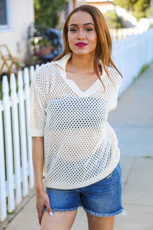 Can't Look Away Oatmeal Crochet V Neck Collared Top