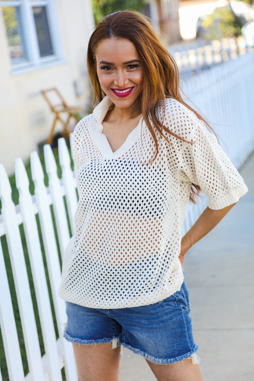 Can't Look Away Oatmeal Crochet V Neck Collared Top