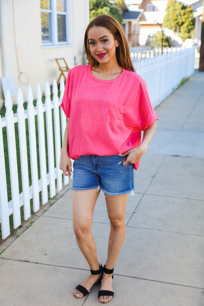 Be Bold Coral Crinkle Texture Pocketed Dolman Top