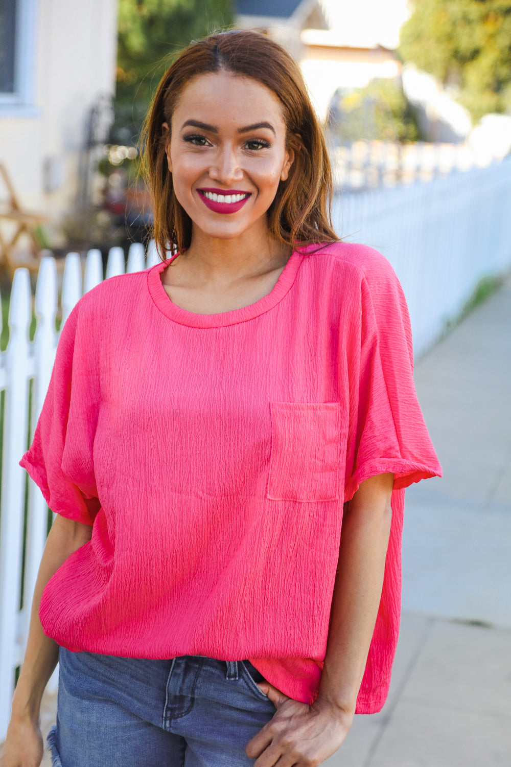 Be Bold Coral Crinkle Texture Pocketed Dolman Top