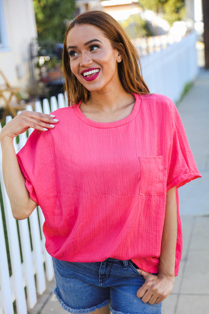 Be Bold Coral Crinkle Texture Pocketed Dolman Top