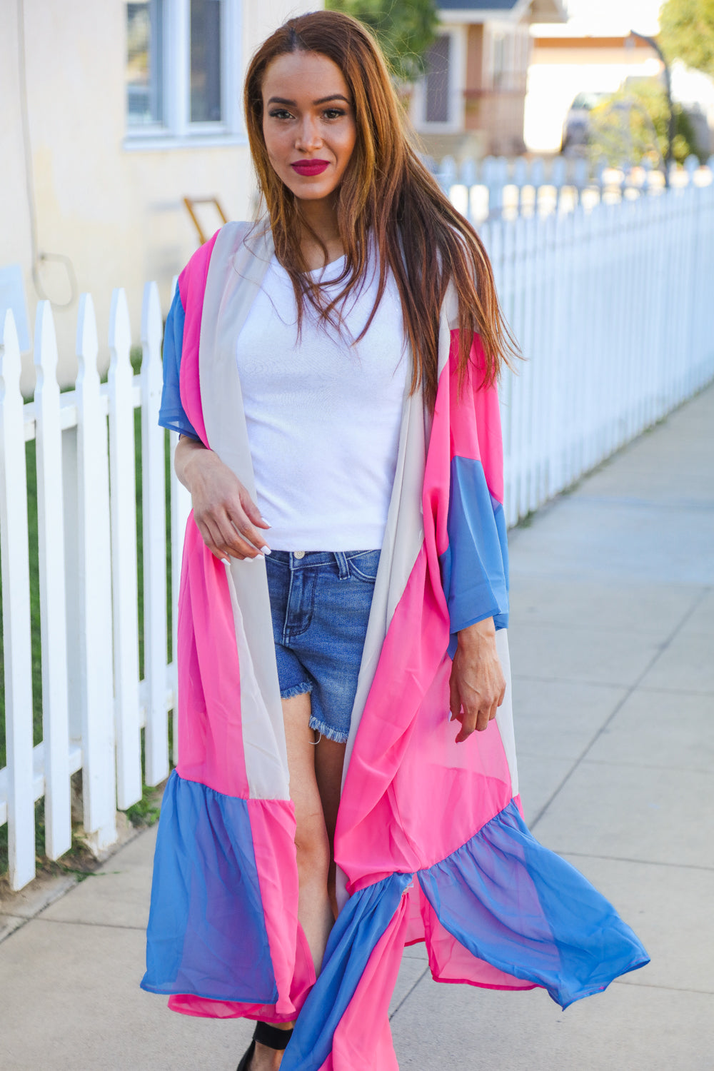 Feel Your Best Taupe & Fuchsia Color Block Ruffle Hem Kimono