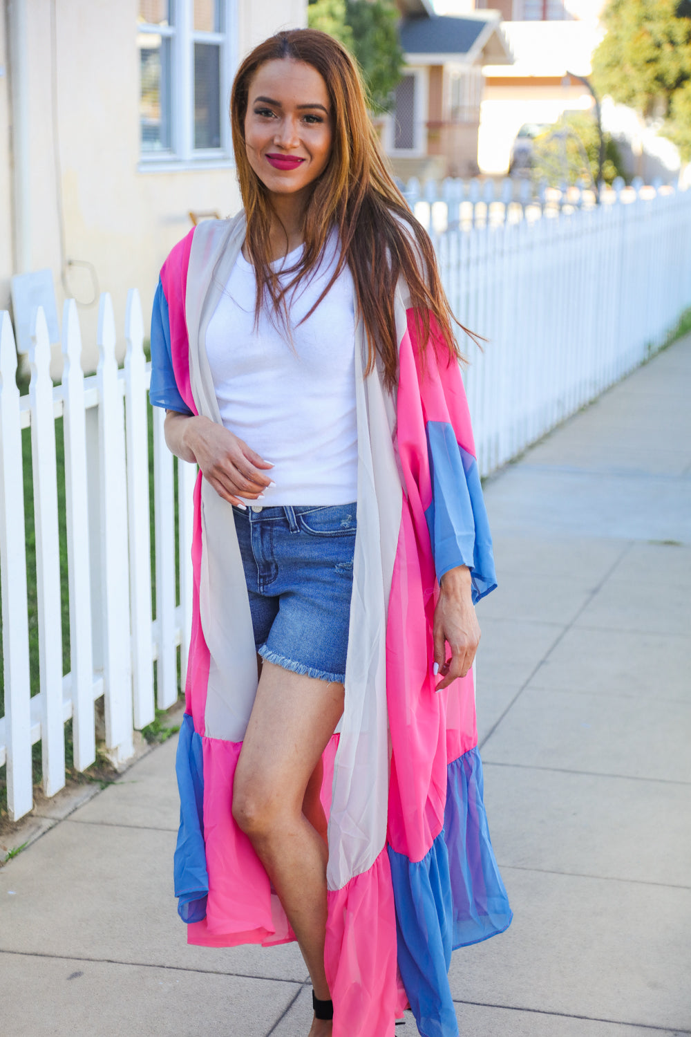 Feel Your Best Taupe & Fuchsia Color Block Ruffle Hem Kimono