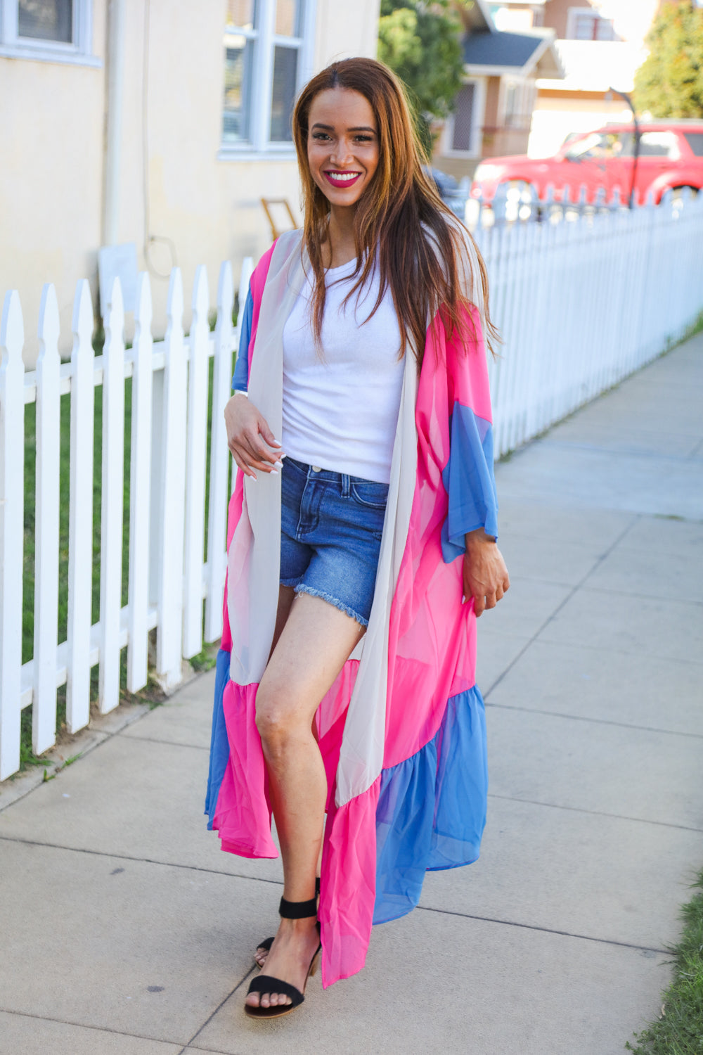 Feel Your Best Taupe & Fuchsia Color Block Ruffle Hem Kimono