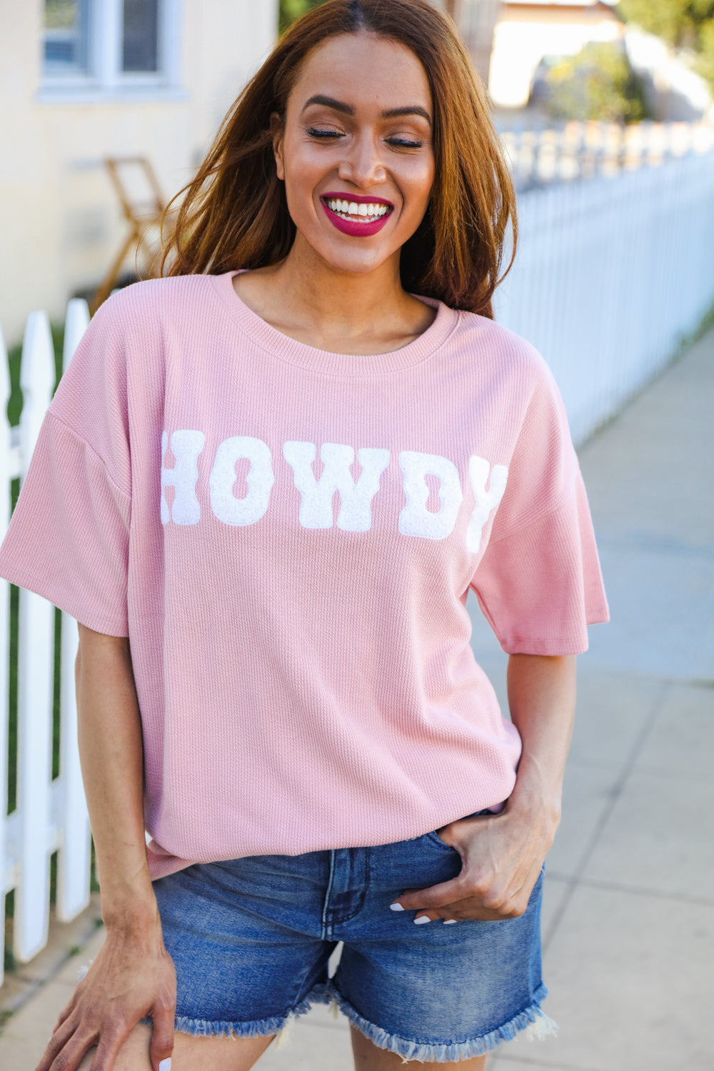 Pink Pop-Up Embroidered "HOWDY" Ribbed Top