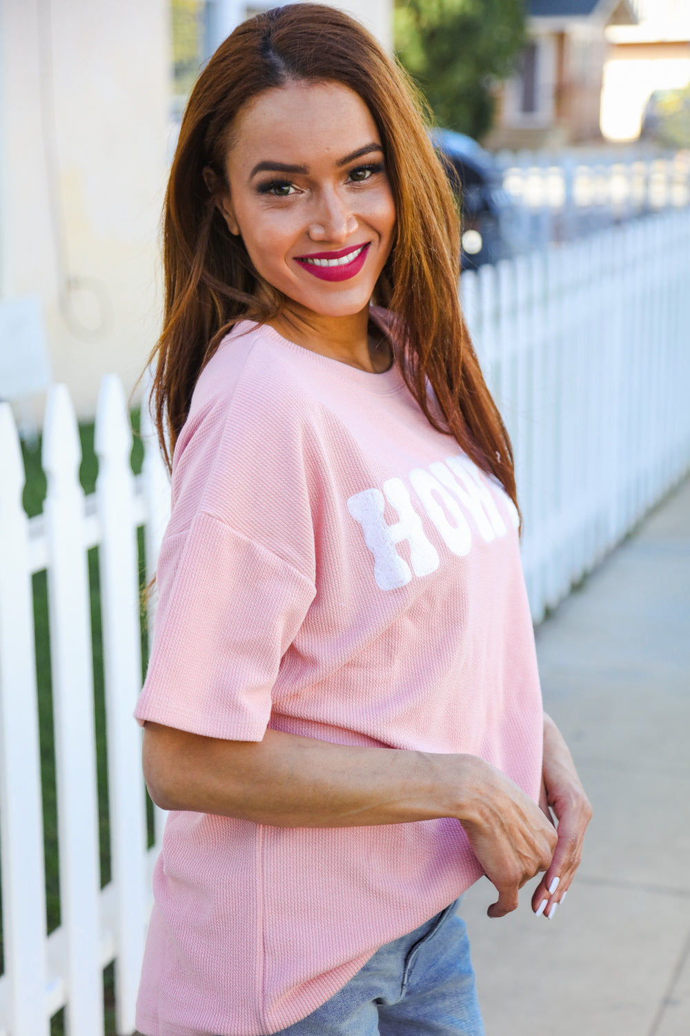 Pink Pop-Up Embroidered "HOWDY" Ribbed Top