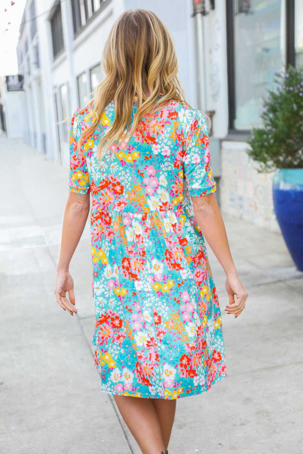 Sunny Days Mint Floral Print Notched Collar Frock Dress