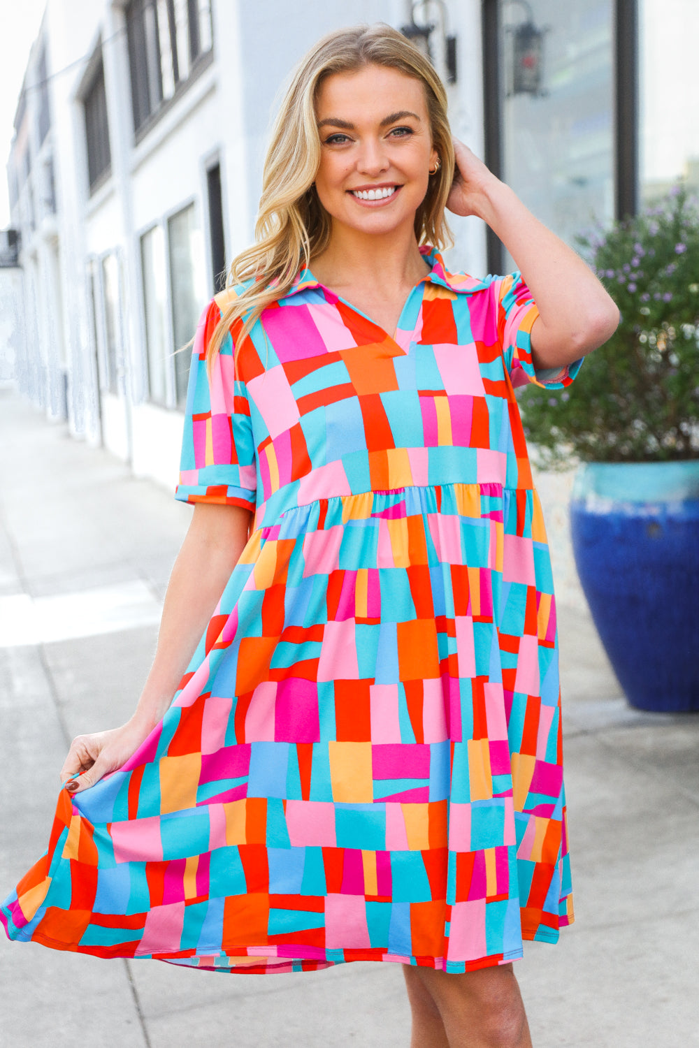 Sunny Days Fuchsia Abstract Print Notched Collar Frock Dress