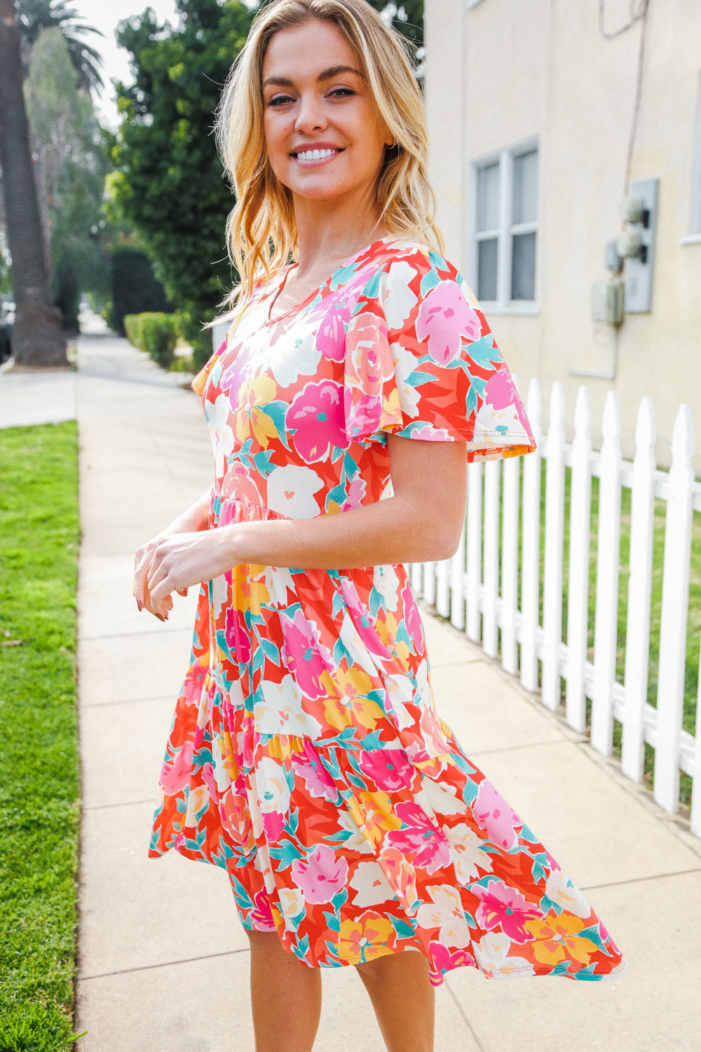 Remember Me Red & Coral Floral Print V Neck Tiered Dress