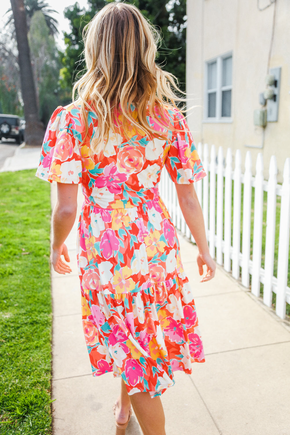 Remember Me Red & Coral Floral Print V Neck Tiered Dress