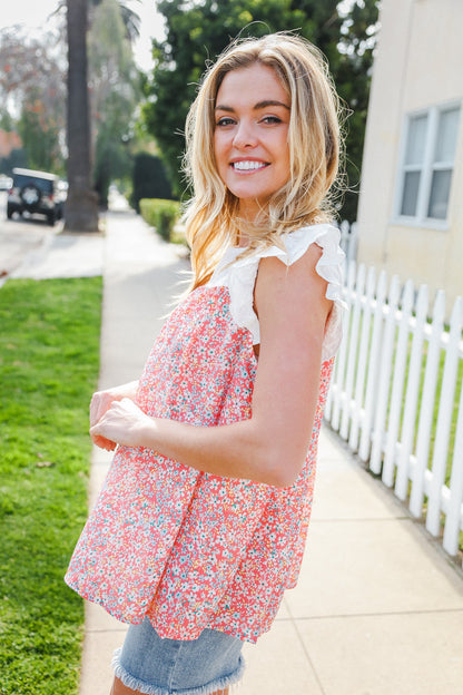 Coral & White Cotton Floral Embroidered Yoke Top