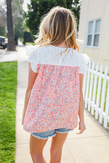 Coral & White Cotton Floral Embroidered Yoke Top