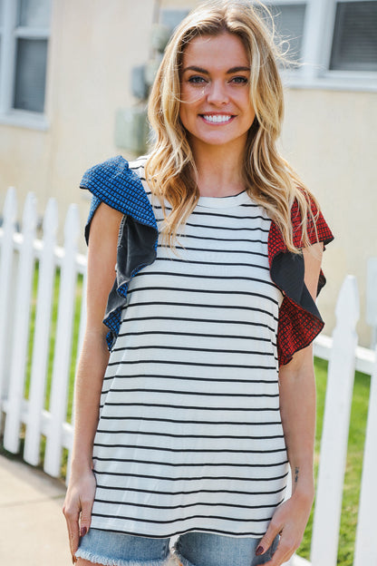 Glam It Up Red & Blue Glitter Flutter Sleeve Striped Top