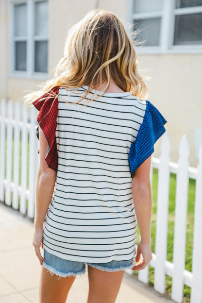 Glam It Up Red & Blue Glitter Flutter Sleeve Striped Top