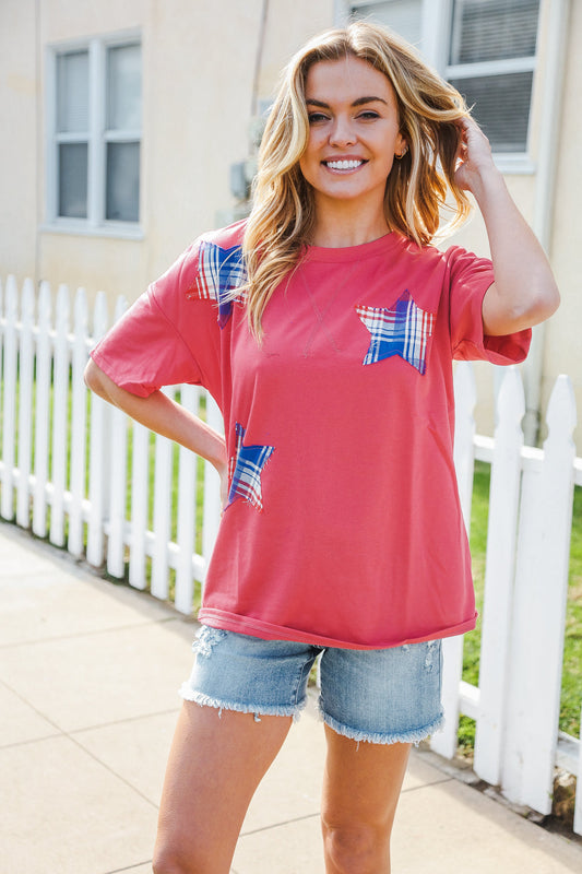 Patriotic Red Fench Terry Plaid Star Patch Top