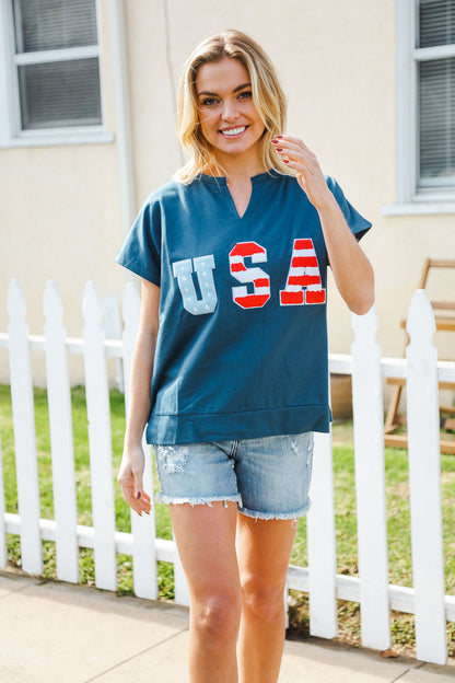 Patriotic Denim Blue French Terry Plaid Star Patch Top