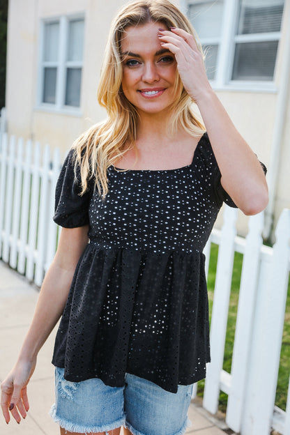 Spring Vibes Midnight Eyelet Puff Sleeve Babydoll Top