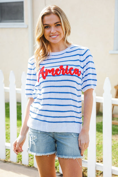 America Proud Blue Striped Embroidered Puff Sleeve Top