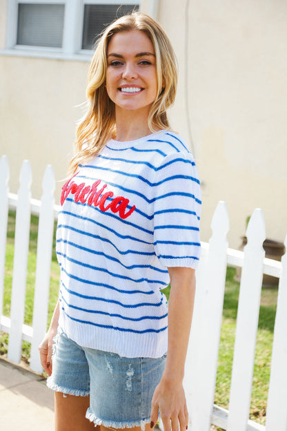 America Proud Blue Striped Embroidered Puff Sleeve Top